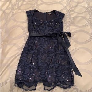 Belted Sequin Dress with Tulle Overlay